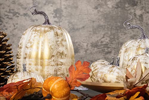 Gold Pumpkins Set of 12 with White Brush - Fall Thanksgiving Decor for Home & Outdoor