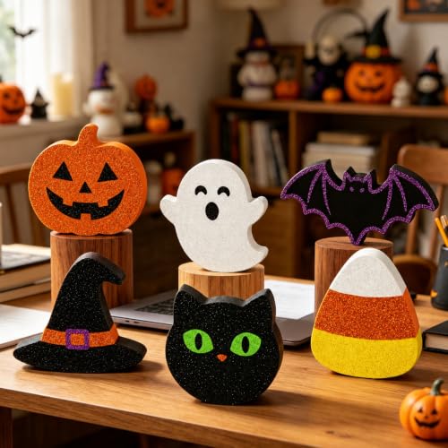 Halloween Wooden Decor Set - 6 Indoor Table Decorations for Home & Party