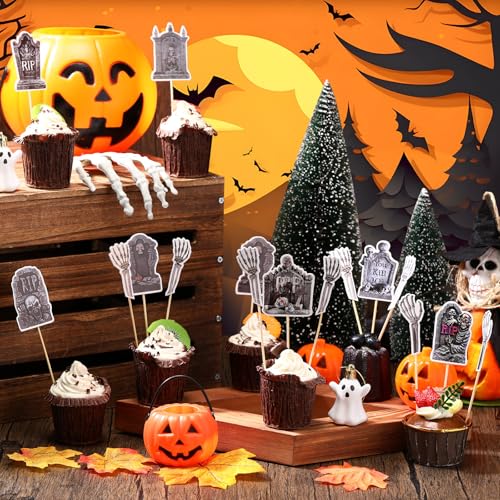Halloween Cupcake Toppers Set - Tombstone & Skeleton Zombie Hand Picks, 48 Pcs