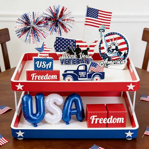 Patriotic Memorial Day Table Decorations Set - Wooden Centerpieces for Home & Party