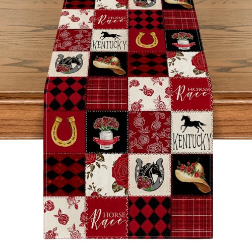 Plaid Horseshoe Roses Table Runner 13x72 Inch for Kitchen Dining Home Decor