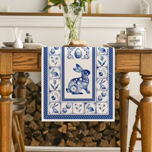 Blue and White Porcelain Bunny Egg Easter Table Runner - 13x90 Inch Seasonal Kitchen Decor