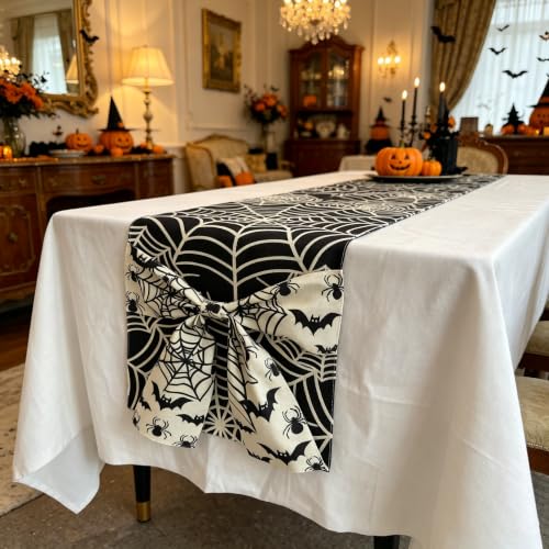 Halloween Spider Web Table Runner with Bow - Design 9, 13x72 Inch, Holiday Decor