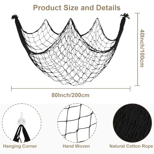 Large Fish Net Decorations for Party - Black Nautical Decor 80x40in - 1 Pack
