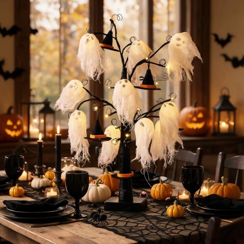 Halloween Indoor Decor with Ghost and Witch Hat Light - Spooky Tabletop Centerpiece