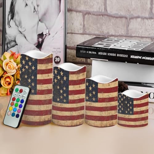 Retro American Flag Flameless Candles Set with Remote & Timer - Color Changing LED Pillars