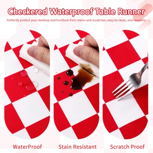 Red Gingham Checkered Table Runner - 13 x 72 Inch, Waterproof, Reusable