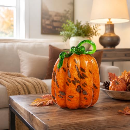 Blown Glass Pumpkin Decor - Classic Orange, Medium Tall, Fall Halloween Table Centerpiece