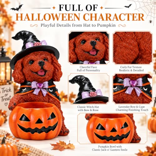 Brown Poodle Dog Statue - Hand-Painted Lifesize Sculpture with Festive Witch Cape