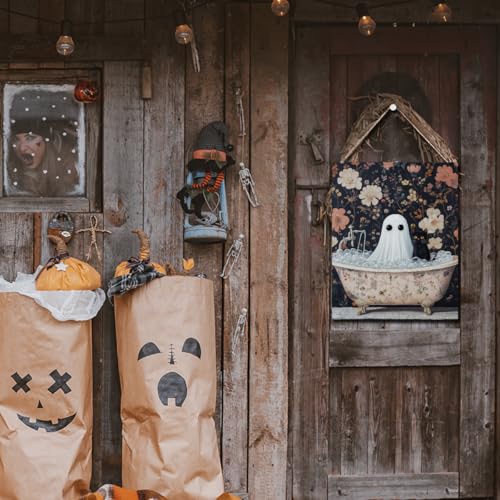 Halloween Wooden Wall Sign - Cute Ghost & Black Cat Decor C-3