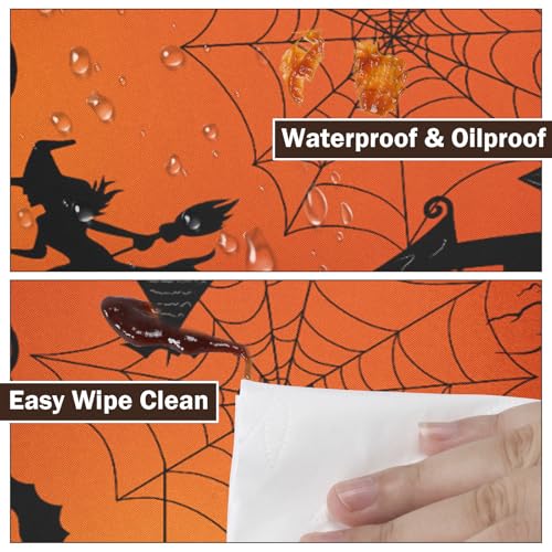Spooky Spiderweb Halloween Round Fitted Tablecloth 44 Inch Orange & Black Waterproof Cover - Elastic Edge