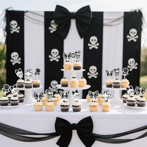 Gothic Birthday Cake Decorations Set – Skull, Black Bow & Skeleton Toppers for Halloween & Gothic Parties