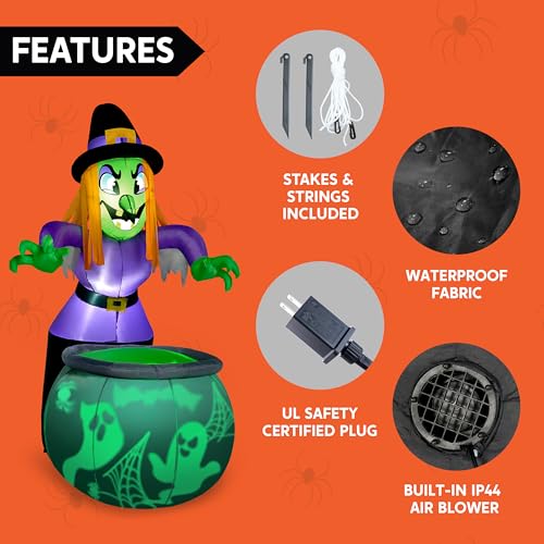 6 Ft Halloween Inflatable Witch and Cauldron Yard Decor with Rotating Ghost Light