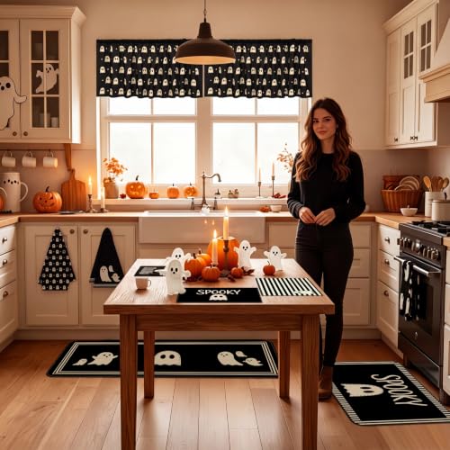 Halloween Kitchen Decor Set with Ghost Theme - 16 Pcs including Towels Rugs & More - Cute Ghost Variation