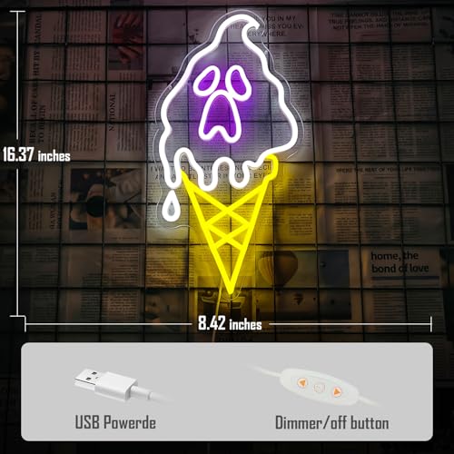 Halloween Neon Sign Dimmable Ghost Ice Cream Design Wall Decor - White-GhostIce