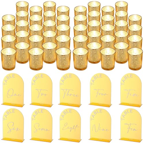 Gold Votive Candle Holders & Table Numbers Set for Wedding Decor - 48 Pieces