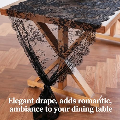 Black Lace Table Runner 30 x 120 Inch Floral Embroidered Fabric - Variation 5