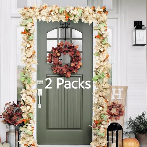 9ft Fall Garland with White Pumpkins & Maple Leaves - 2 Pack Harvest Decor