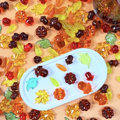 Thanksgiving Fall Vase Filler Set - 140Pcs Acrylic Pumpkins Acorns Leaves & Gems