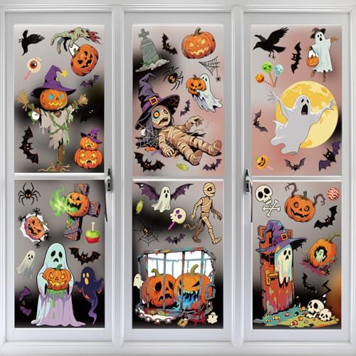 Halloween Window Clings Decals Set - 9 Sheets with Ghosts Pumpkins Bats