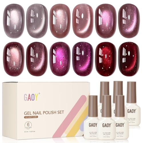 GAOY Purple Red Cat Eye Gel Nail Polish Kit with Magnet - Grape Amethyst, 6 Colors