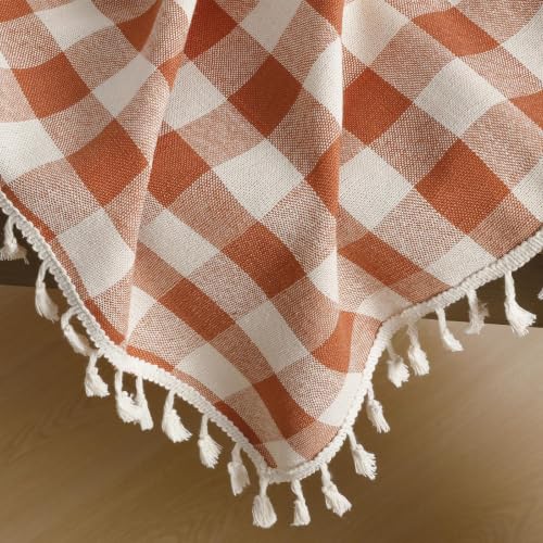 Romanstile Fall Gingham Tassel Tablecloth - Orange Plaid, 55x70 Inch Rectangular