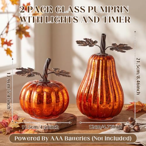 Lighted Glass Pumpkin Decor - Set of 2 Mercury Glass Autumn Halloween Thanksgiving Oranges