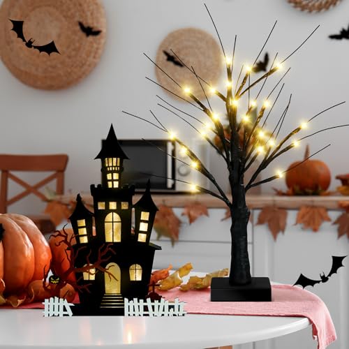 Halloween Table Decorations Set with Haunted Houses and Birch Trees - Indoor Usable