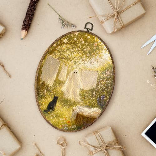 Ghost Wall Art - Oval Canvas Decor with White Ghost Design - 8.5x11.5 Inches