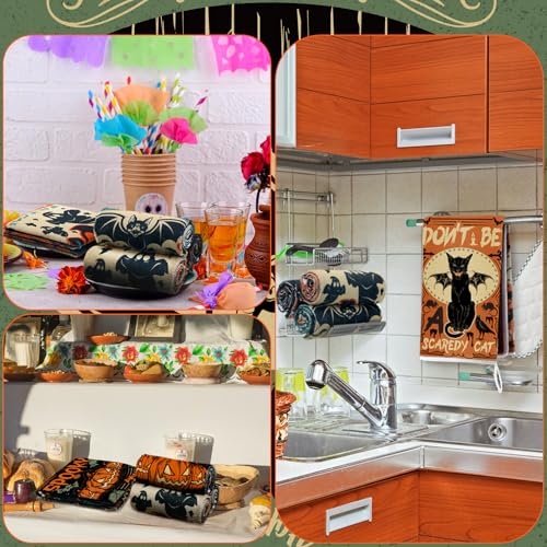 Halloween Kitchen Hand Towels Set - Pumpkin Cat Bat Boo Novelty, 6 Pcs, Novel