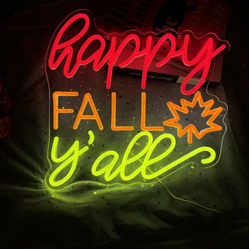 Happy Fall Y'all Neon Sign - Fall Decor LED Light with Hanging Chain - Yellow+Red Variation