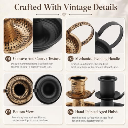 Black & Bronze Taper Candle Holders Set - 4 Pcs Iron Candlelight Stands with Handle for Home & Wedding Decor Variation of 4