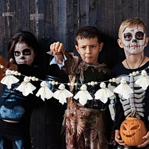 7Ft Halloween Ghost Garland with Wooden Beads - Rustic White Wall Decor