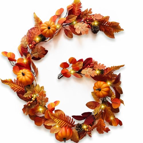 1 Pcs Fall Garland with Lights - Autumn Pumpkin Berry Maple Leaves Wreath for Mantle, Fireplace, Porch Decor