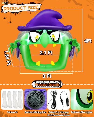 Inflatable Halloween Car Decoration Kit with Witch & LED Lights - 4ft
