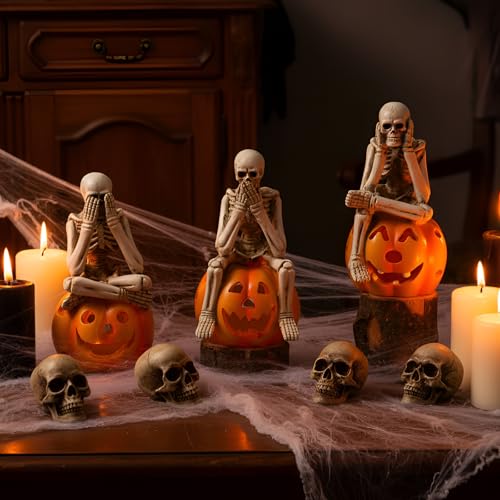 Halloween Skeleton Statue Set - See No Evil, Hear No Evil, Speak No Evil Sitting on Pumpkin