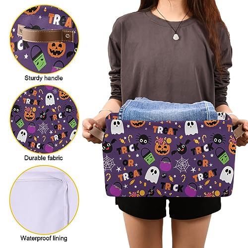 Purple Halloween Storage Basket 16x12x8 Inches Fabric Pumpkin Skull Ghost Trick or Treat Open Home Organizer - Foldable