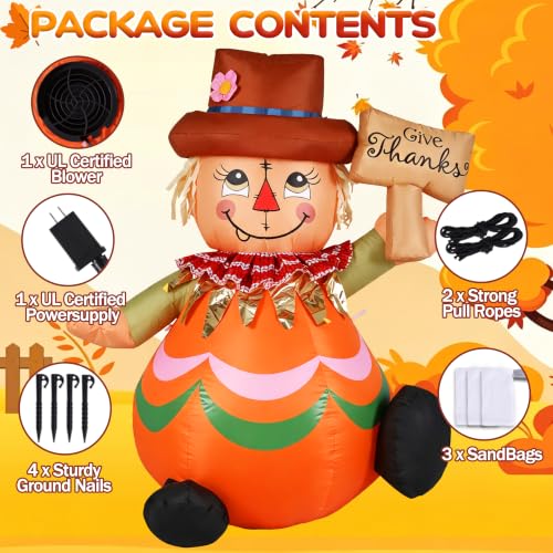 4FT Thanksgiving Inflatable Scarecrow Outdoor Decor with LED Lights