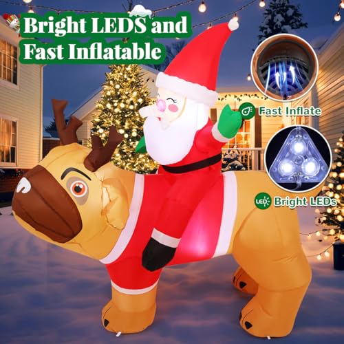 5 Ft Christmas Inflatable Santa Riding Pug Yard Decor with LED Lights Outdoor Holiday Decoration