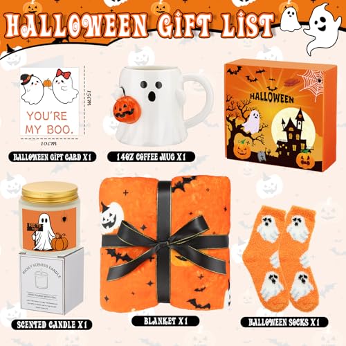 Halloween Boo Gift Set for Women with Mug Socks Candle Blanket & Tealight