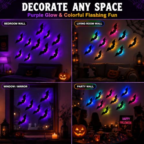 36 Pack LED Halloween Wall Decor Bats - 3D Light Up Wall Stickers, Reusable Spooky Decorations