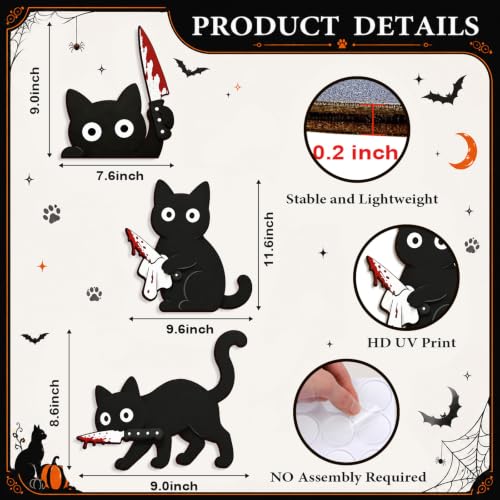 Halloween Wall Decor Set of 3 Black Cats with Knife - Spooky Wooden Party Decorations