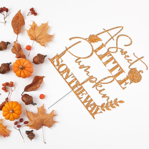 Fall Baby Shower Cake Topper - Orange Glitter Pumpkin & Leaves Decor