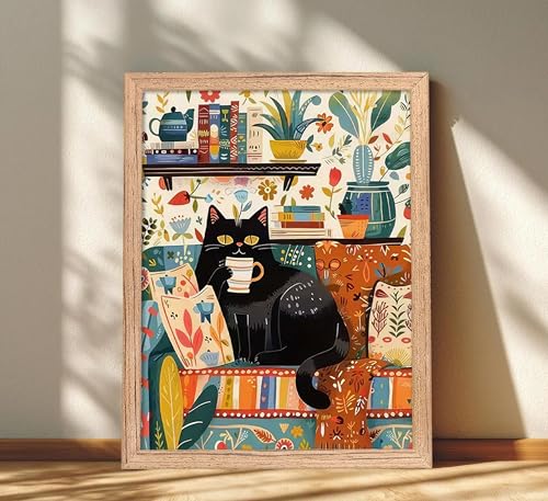 Black Cat Coffee Framed Wall Art - 16x12 Inches Kitchen Decor