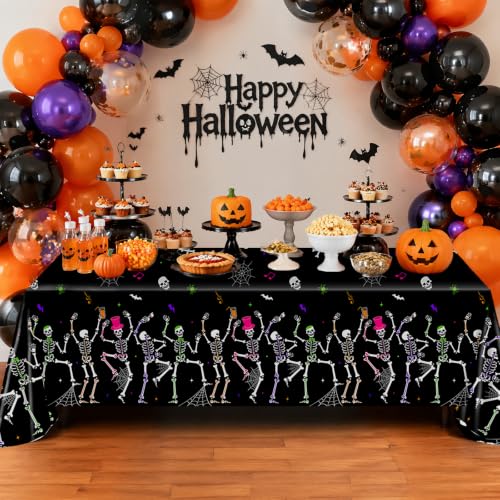 Halloween Dancing Skeleton Tablecloth Set - 3 Pack, Waterproof Plastic, 274x137 cm