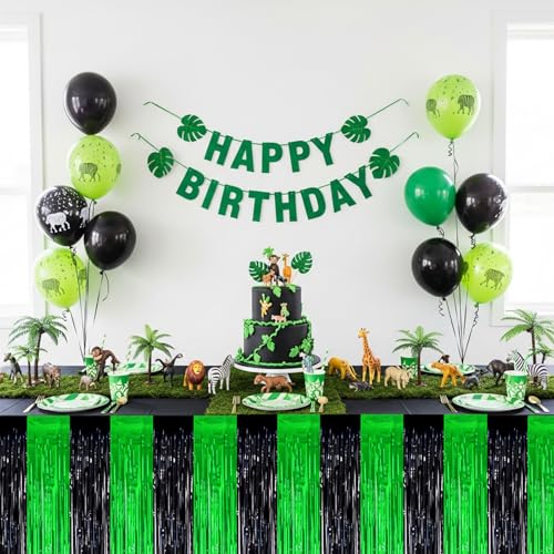 Black Green Metallic Foil Fringe Table Skirts 2 Pack Party Decorations for Graduation Baby Shower Halloween