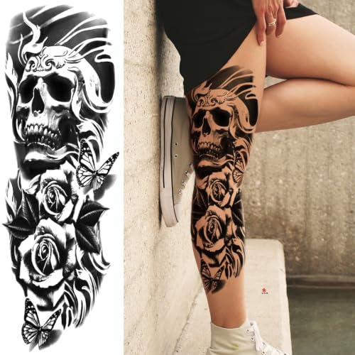 Full Arm Skull Flower Temporary Tattoo Sleeve for Women – 4 Sheets | Variation: Skull