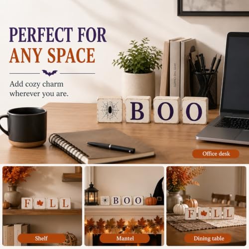 Fall Halloween Tiered Tray Decor 4 Pcs Wooden Signs - Orange & Purple Variation