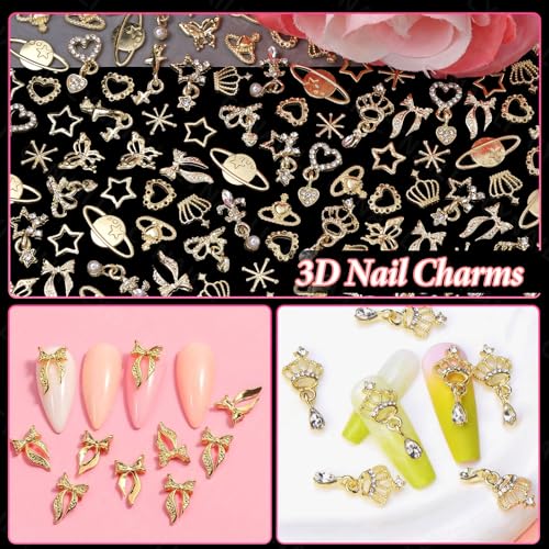 110 Pcs Gold Nail Charms & Gems Set with Stars Hearts Bows & Planets - S1