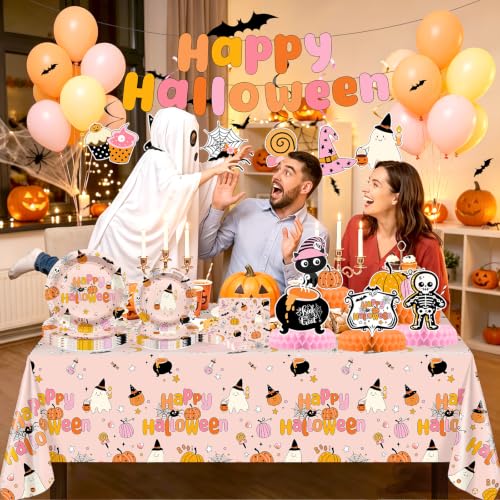 Pink Halloween Party Supplies Kit for Girls with Plates, Napkins, Decorations